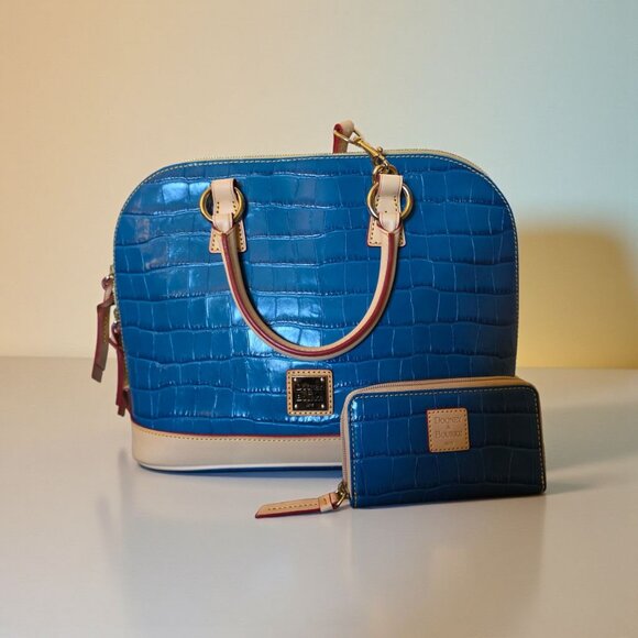 Dooney & Bourke Marine Blue Croco Embossed Zip Satchel & Wallet Set Leather Bag - Picture 2 of 16
